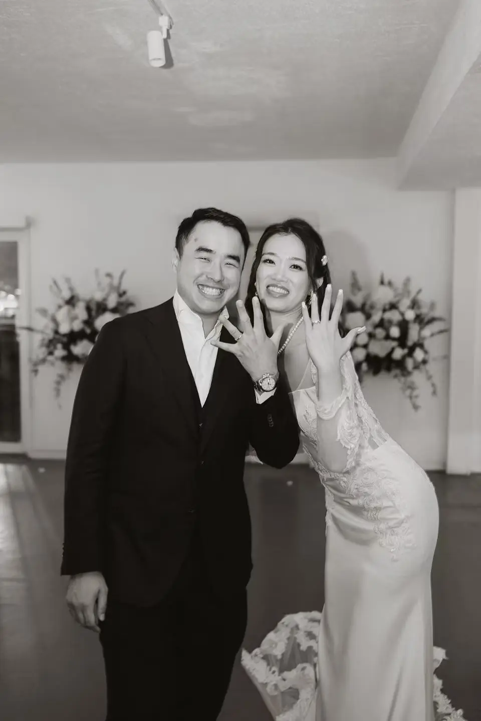 Joyful black-and-white wedding portrait