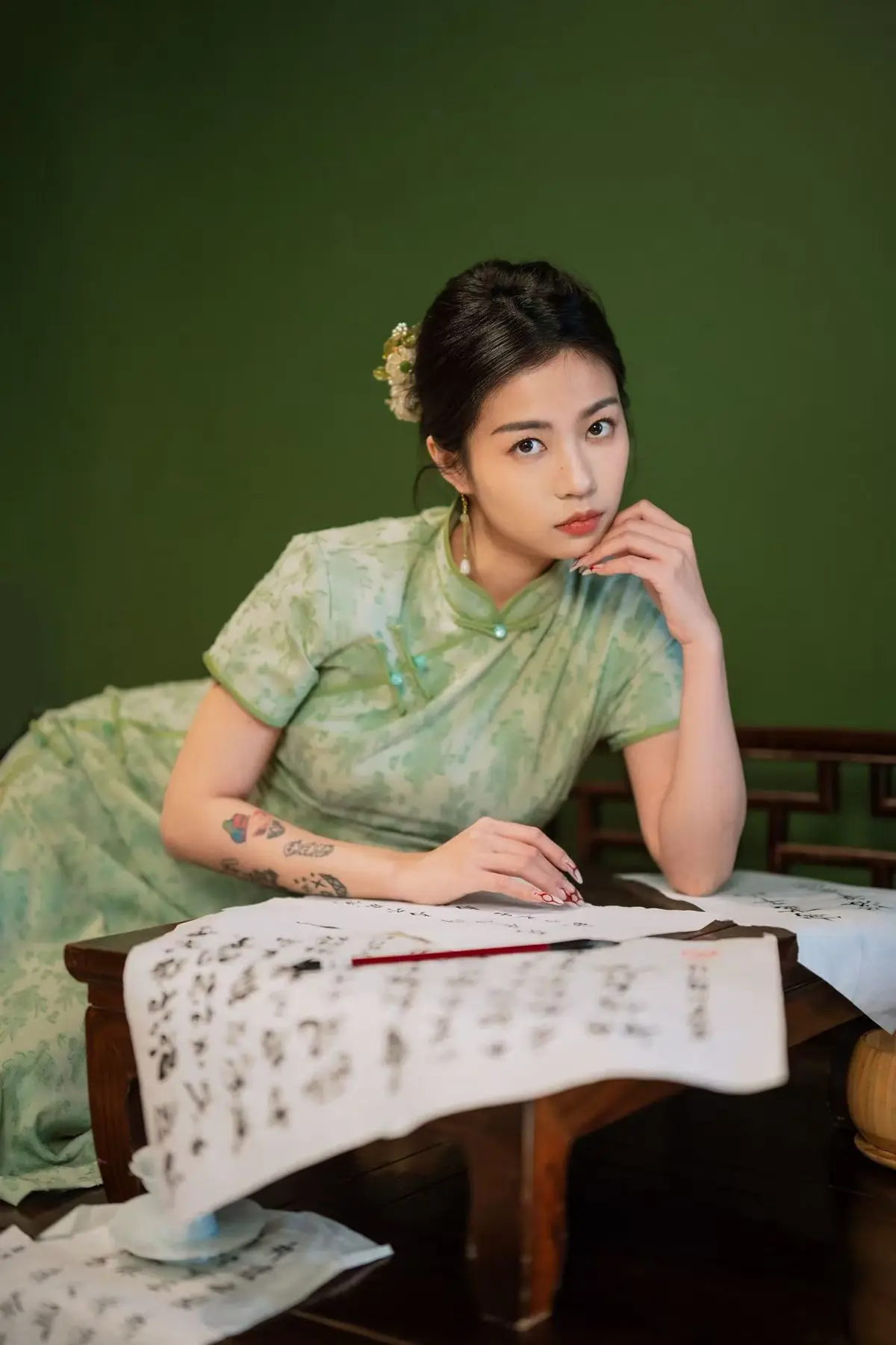 Editorial green qipao portrait by Giselle