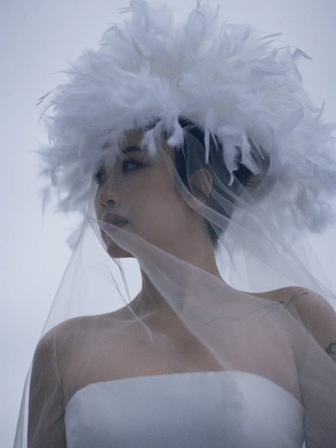 Editorial bridal portrait in a feathered veil