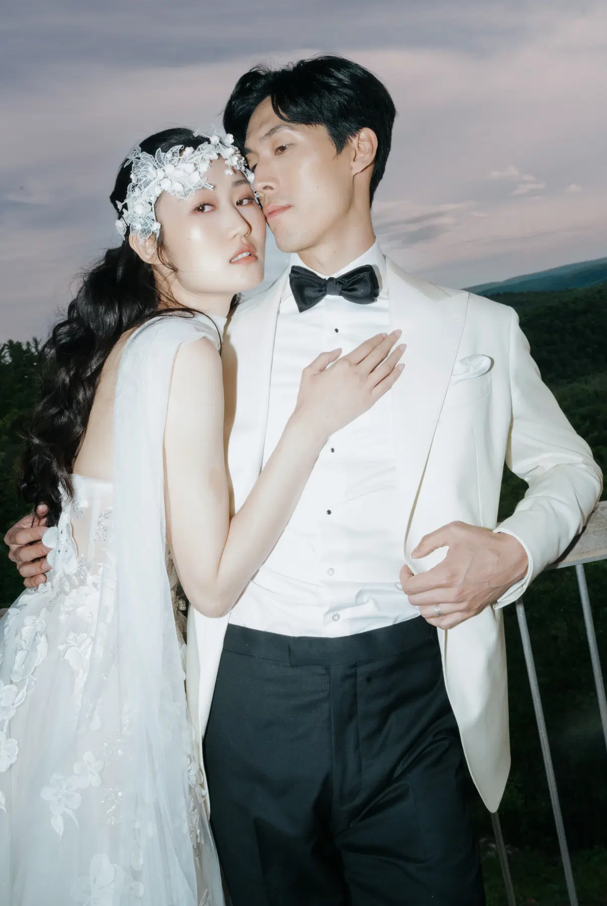 Modern wedding couple at sunset