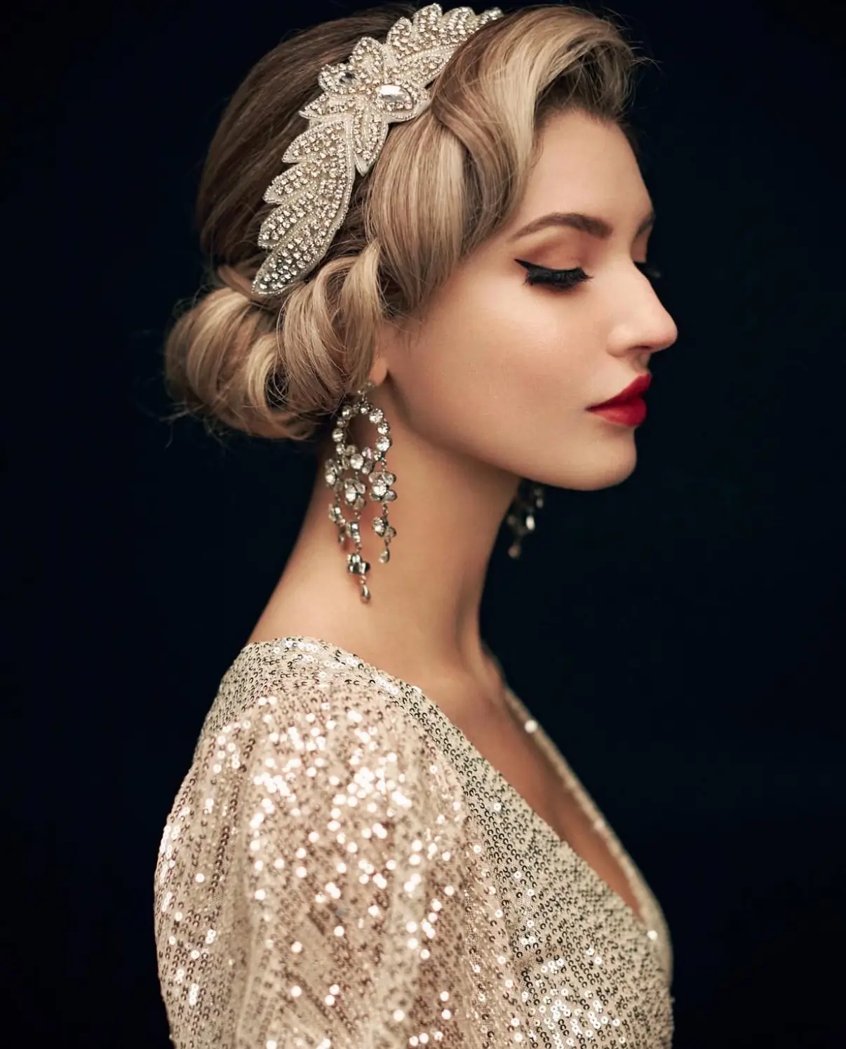 Classic glamour profile with sculptural hair jewellery