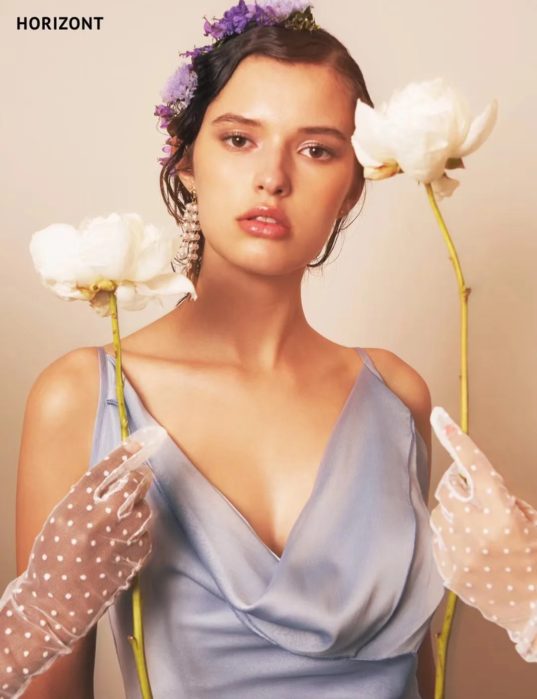 Floral editorial beauty portrait in lavender